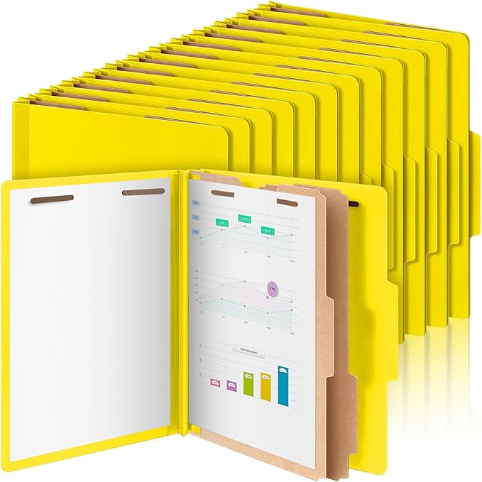 Skyygemm 48 Pcs Classification Folders Letter Size, 2 Divider Pressboard File Folders with 3. 5 Inch Expansion, 2 Prongs Fastener, Heavy Duty Office File Organizers for Teachers, Medical (Yellow)