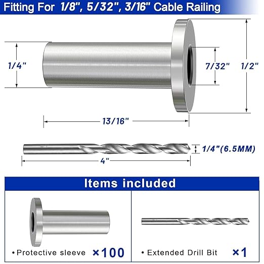 Steel DN Mate 100 Pack Stainless Steel Protector Sleeves for 1/8" 5/32" or 3/16" Cable Railing, Cable Protector Sleeves for Cable Railing System,T316 Cable Railing Hardware with a Drill Bit, DE100