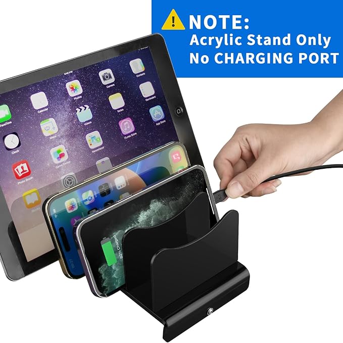 CaSZLUTION Acrylic Multi Device Organizer Stand Base for Portable Charger Power Banks, 4 Slots Desktop Storage Holder Compatible with USB Battery Pack, Phones and Tablets (Stand Only) - Black