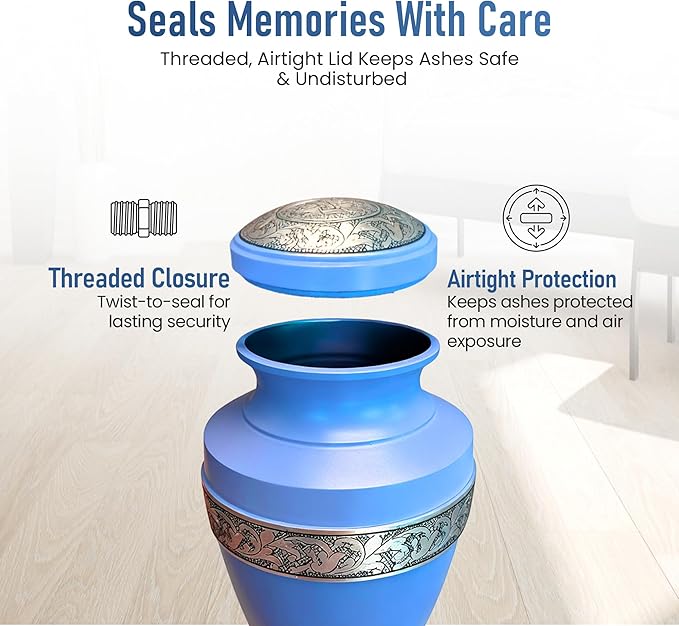 Modern Memorials Cremation Urn for Ashes - Large Urn for Man & Women - 200 Cubic Inches - Includes Velvet Storage Bag - Sky Blue with Silver Band