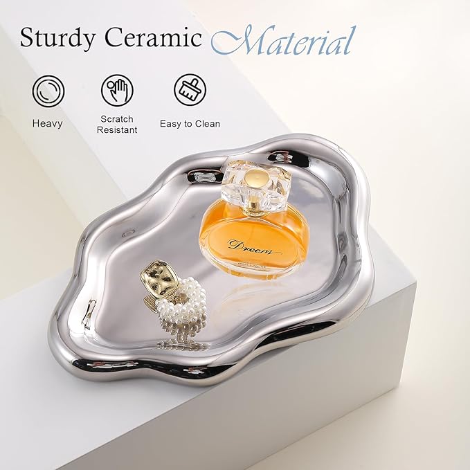 CCINPPY Ceramic Jewelry Tray Trinket Dish, Decorative Cloud Vanity Key Tray for Women, Ring Holder Dish, Cute Jewelry Plate Bowl Room Decor Aesthetic, Silver, Large