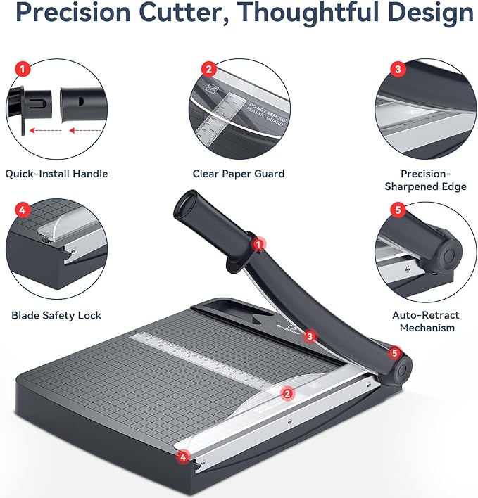12 Inch Heavy Duty Paper Cutter, Guillotine Paper Cutter & Paper Trimmer, 12-16 Sheets Capacity Paper Cutting Board for Classroom, Crafting, Cardstock Gray