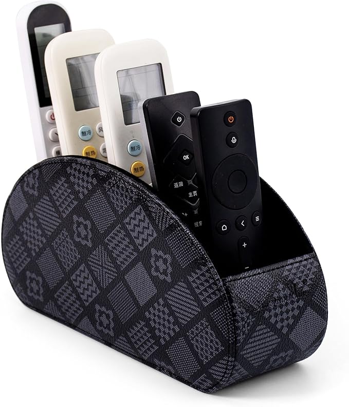 Remote Control Holders Organizer Box with 5 Compartment PU Leather Multi-functional Office Desk Storage Caddy Store Tv Remote for Media Player,Brush,Pencil,Glassees&Office Supplies (Grey print)