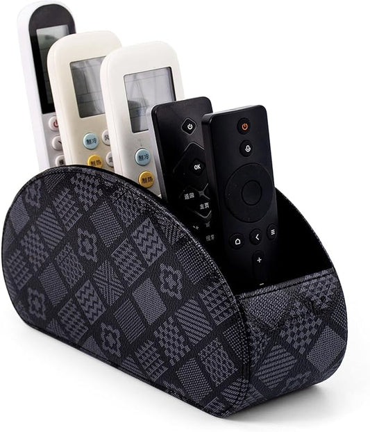 Remote Control Holders Organizer Box with 5 Compartment PU Leather Multi-functional Office Desk Storage Caddy Store Tv Remote for Media Player,Brush,Pencil,Glassees&Office Supplies (Grey print)