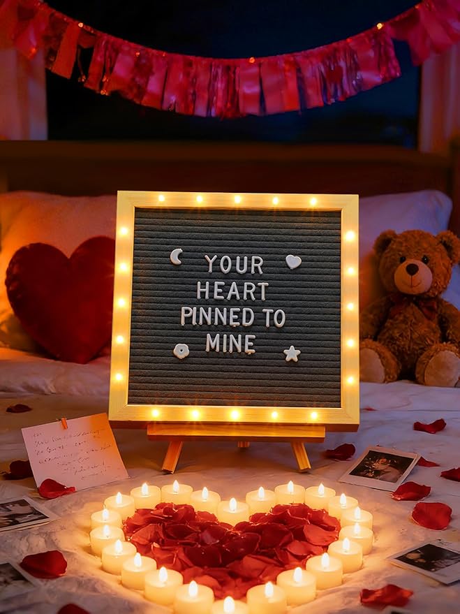 Changeable Felt Letter Board with LED Lights - 10×10" Message Custom Signs & Wood Stand & 450 Letters, Poster Board for Valentine's Day/Baby/Pregnancy Announcement/Classroom Wall Decor Gifts, Grey