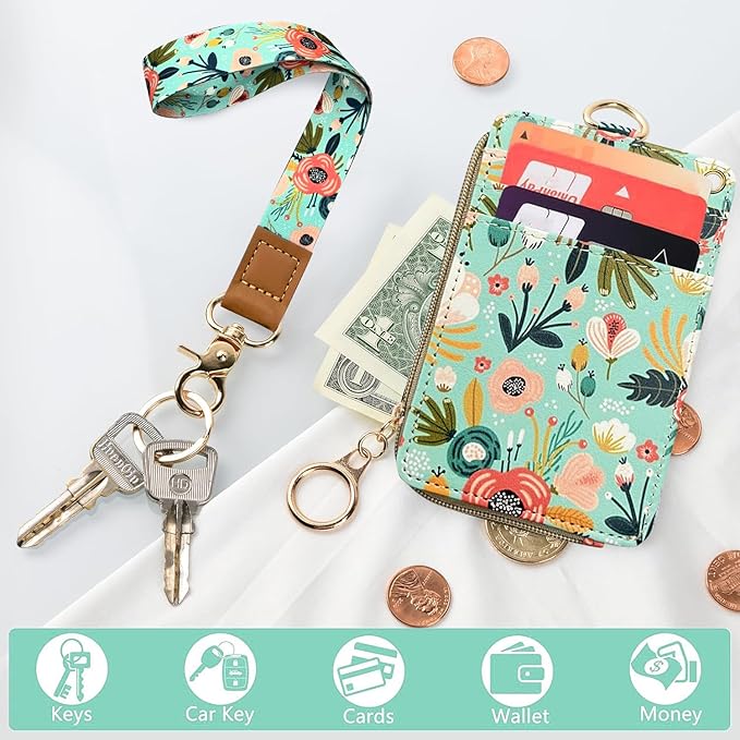 bolimoss Floral Lanyard Wallet, Cute Teacher Lanyards for ID Badges Keychain Wallet,Badge Holder with Zip Pocket, ID Holder Wallet with Neck Wrist Lanyard for Women Nurse Teacher Student (Green)