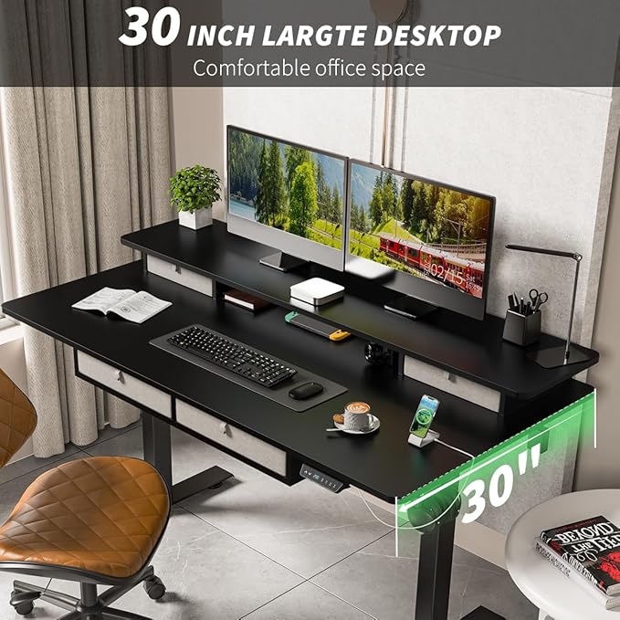 Kingant 55 x 30 Inch Electric Standing Desk with 4 Drawers, Adjustable Height Computer Desk for Home Office, Large Workstation Sit Stand Up Desk with Built-in USB A/C Charging Ports, Black