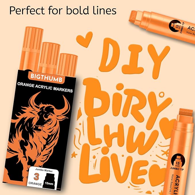 BIGTHUMB 3 Pcs Orange Jumbo Permanent Markers: 15mm Wide Tip Thick Acrylic Paint Pen Large Calligraphy Marker for Rock Painting, Poster, Sign, Canvas, Glass, Wood, Ceramic