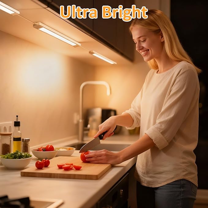 maylit Under Cabinet Lighting Plug in, 6Pcs 14 Inch Linkable Ultra Bright LED Light Bars, Renter Friendly Lamp, Wired 110V 120V Indoor Lights for Kitchen Cabinet, Counter, Workbench, Shelf, Warm White