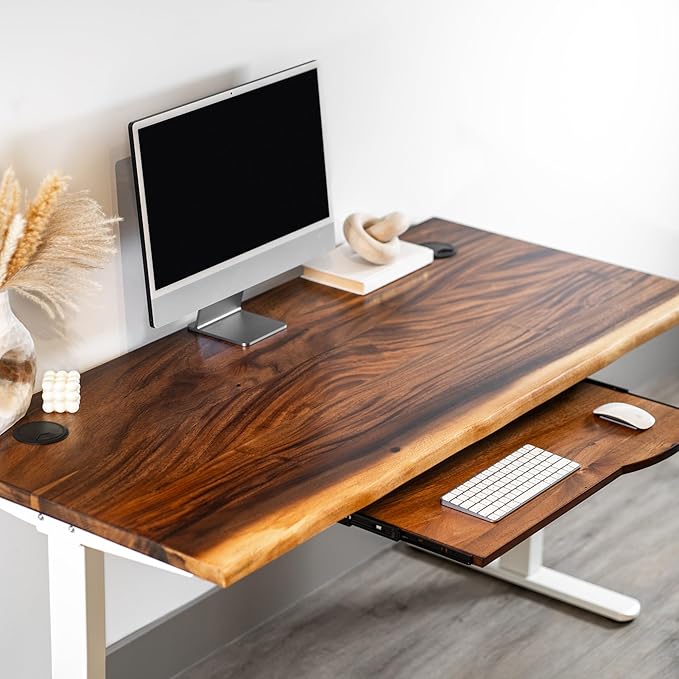 Standing Desk with Keyboard Tray – Walnut Solid Wood Desk, Natural Live Edge, Adjustable Height Dual Motor, Sit Stand for Home Office (White, W48 x D27)