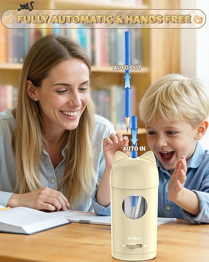 AFMAT Electric Pencil Sharpener, Colored Pencil Sharpener for φ7-8mm Pencils, Auto in & Out, Rechargeable & Cordless, Fully Automatic Hands-Free Pencil Sharpeners for Classroom Home Office PSX9