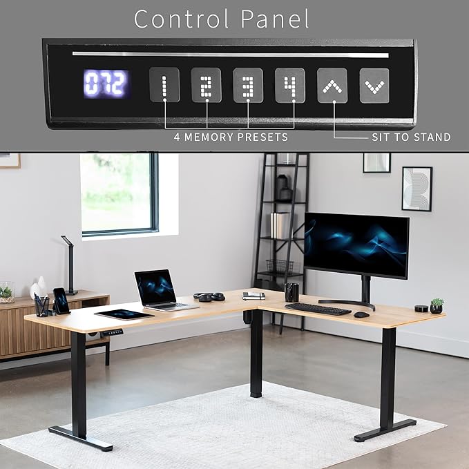 VIVO Electric Corner 75 x 63 inch L-Shaped Standing Desk, Memory Height Adjustment, Real Bamboo Top Black Frame, DESK-E3CTBO-75