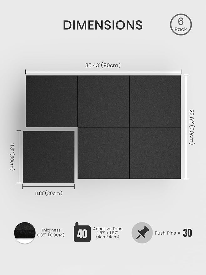 Bumusty Large Cork Board 36"x24" Alternative - 6 Pack Felt Wall Tiles with 40 Safe Removable Adhesive Tabs, 30 Pushpins, Cork Boards for Walls Pin Board Bulletin Board Office Decor (Black)