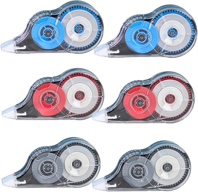 WISOPTUS 39.37ft Correction Tape with Dispenser, 6-Count Pack, Fast, Clean, Opaque and Easy-to-Use Tear-Resistant Correction Tape Bulk Office School Supplies, Blue, Red, Gray