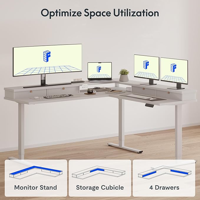 FLEXISPOT 63" L Shaped Standing Desk with Shelf Electric Corner Table, Drawers, Adjustable Computer Workstation for Home, Office,63x55in, White Top + White Frame