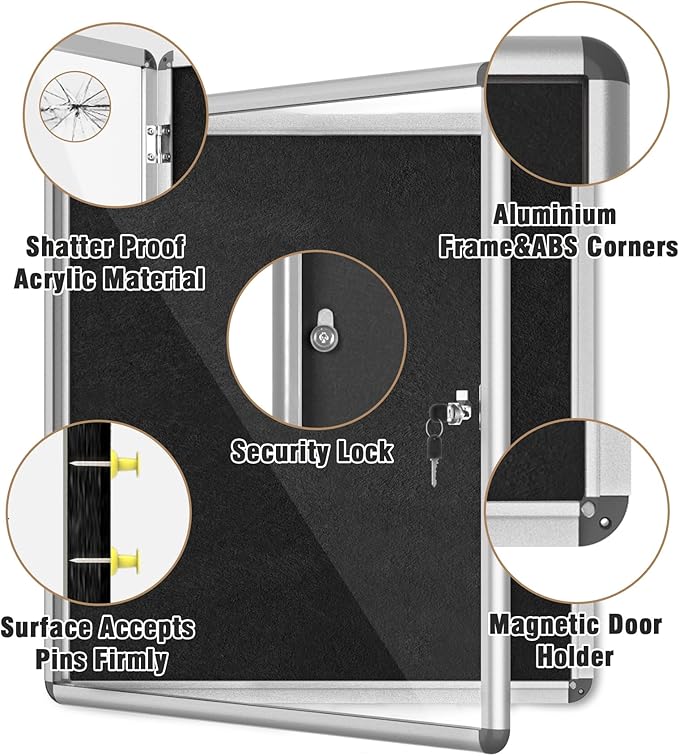 Mifuro 28"x26" Enclosed Bulletin Board, Lockable Weather-Resistant Aluminum Cork Noticeboard for School & Office, Silver Frame w/Black Flet