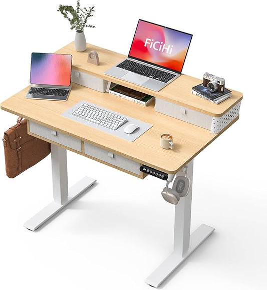 FiCiHi Electric Standing Desk with Four Drawers, Adjustable Height Sit Stand Desk, C-Clamp Compatible Home Office Desk with Storage Shelf & Monitor Stand Riser, 40 x 24 Inch, Maple