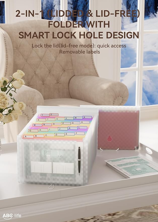 ABC life 26 Pockets Accordion File Organizer, Expanding File Folder, Portable Monthly Paper Bill Tax Receipt Organizer, Letter A4 Size Document Organizer with Labels - Pink