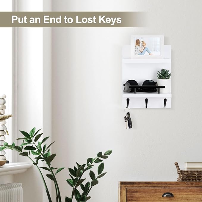 Lucundm Key Holder Wall Mount, Mail Shelf Decor with 3 Key Hooks, Versatile Wood Wall Organizer for Entryway Hallway (8.2” x 10.6”x 3.6”) (White)