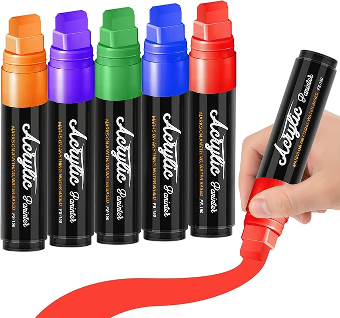 MEHVOR Acrylic Paint Markers, 5 Vibrant Colors Poster Markers Jumbo 15mm Wide Tip Permanent Ink 36g, Thick Acrylic paint pens for Poster, Glass, Rock Painting, Stone, Wood, Car, Ceramic, Fabric