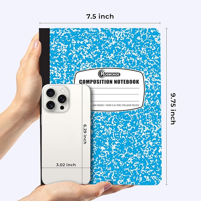 Rosmonde 12 Pack Bulk Composition Notebooks College Ruled, 200 Pages (100 Sheets), 9-3/4 x 7-1/2, Hard Cover College Ruled Notebooks, Assorted Colors Composition Notebook For School, Colors May Repeat