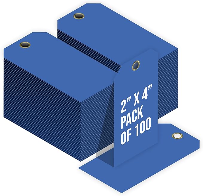 Tags 4 Less 15 Mil Waterproof Plastic Tags, Pack of 100 – 2” x 4” Heavy Duty Plastic Tags for Labeling, Outdoor Tagging, Equipment Labeling, Luggage, Valves & More (Dark Blue)