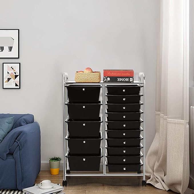 HAPPYGRILL 15-Drawer Rolling Cart, Storage Carts with Removable Drawers & Steel Frame, Utility Cart on Lockable Wheels for Home, School, Office, Black
