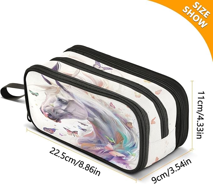 BOENLE White Horse Butterflies Pencil Case Box Boys Girls Large Pencil Pouch with Zipper Compartments Big Capacity Stationery Pen Bag Organizer for Kids Teens Adults School
