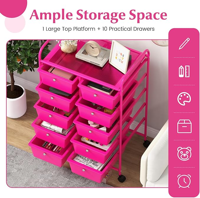 LDAILY 10 Drawer Rolling Cart, Storage Cart Organizer on Wheels, Drawer Cart with Metal Frame & Large Storage Capacity, Rolling Cart with Drawers for Living Room Classroom, Office