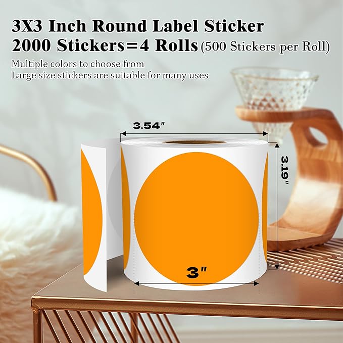 3 Inch Round Colored Dot Stickers, 2000 PCS, 4 Rolls in Dispenser Box - Orange Circle Color Coding Labels Dot Labels for Office, Home, Inventory Organizing
