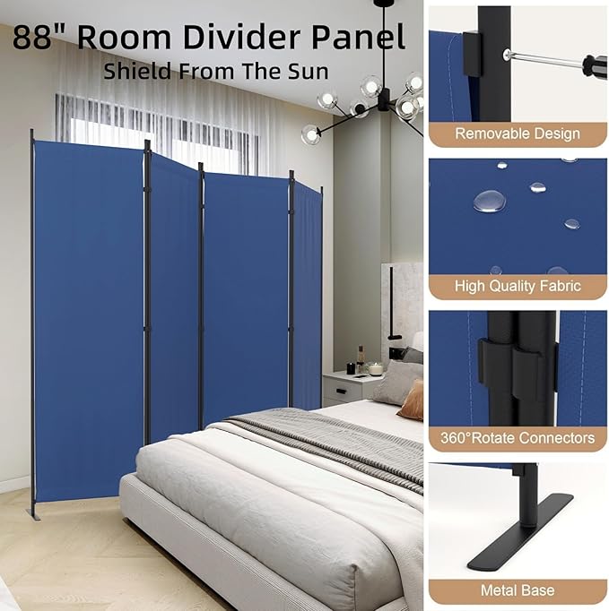 Kecreque Room Partitions and Dividers 4 Panel Portable Wall w/ 3 Wider Feet Folding Room Divider 6FT Privacy Wall Indoor as Dressing Screen for Apartment School Office Children's Separate Rooms,Blue