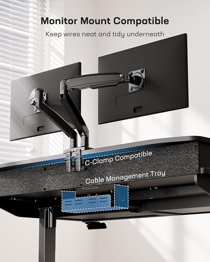 HUANUO 48 x 30 inch Electric Standing Desk with Wood Drawers, Adjustable Height Sit Stand Home Office Desk with Two Tiers, Ergonomic Adjustable Stand up Desk C-Clamp Monitor Mount Compatible, Black