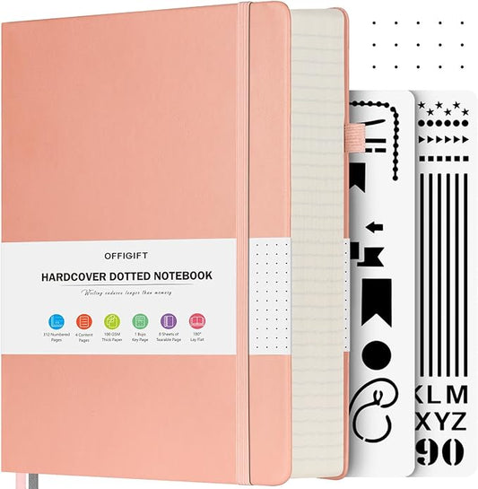 OFFIGIFT Bullet Dotted Journal Notebook, 312 Numbered Pages A5 Hardcover Leather Journal, 100gsm No Bleed Paper Dot Grid Notebook with Index Pages, Dot Journal for Women Men, 5.75" x 8.38", Pink