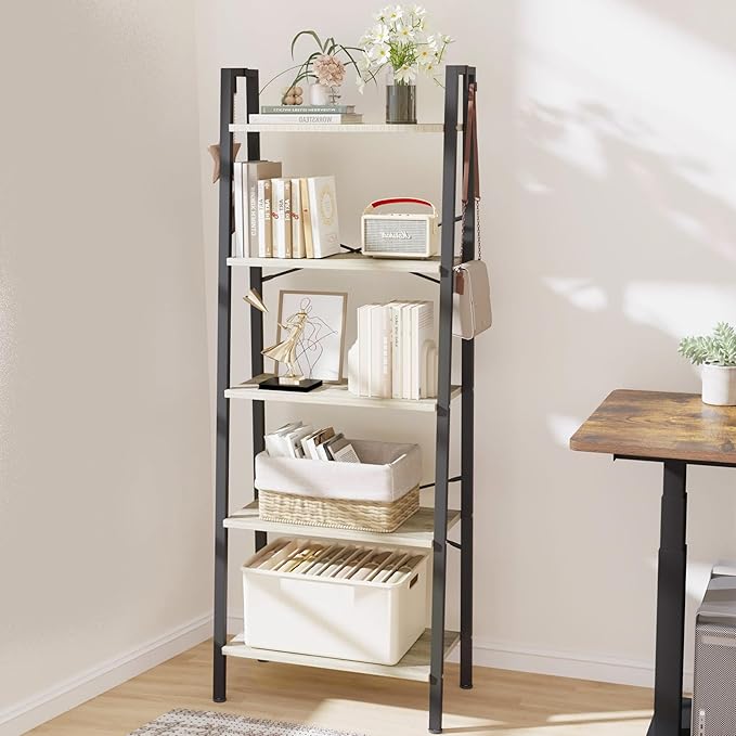 Hzuaneri Ladder Shelf, Bookshelf Bookcase, Freestanding Corner Storage Shelve with 2 Hooks for Home Office, Living Room, Kitchen, Bedroom, Industrial, 11.8" D x 23.6" W x 63" H, Greige BC19305B