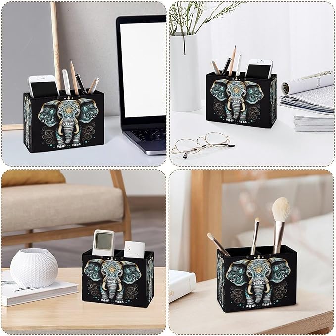 Famame Vintage Lotus Ethnic Elephant Pencil Holder for Desk, Leather Desktop Container Pen Cup Storage Study Table Pen Organizer Makeup Brush Holder for Classroom Office Home