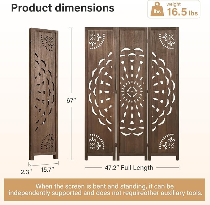 66.9Inch Wooden Room Partition - 3 Panels Boho-Styled Space Room Divider for Home/Office, Headboard & Yoga/Photo/Video Call Backdrop (Brown)