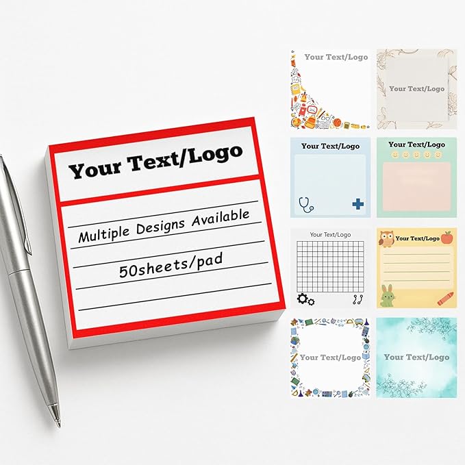 Personalized Sticky Notes 3"x3" – Custom Notepads with Logo or Text, 50 Sheets per Pad – Multiple Template Options, Bulk Pack for Business, Office, Teachers, Events