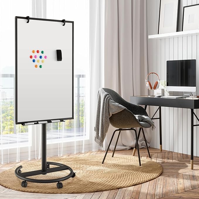 Goplus 40” x 26” Rolling Whiteboard, Height Adjustable Magnetic Dry Erase Board on Wheels with Round Stand, Paper Clips, Storage Tray, Paper Pad, Magnets, Markers, Mobile White Board for Office School
