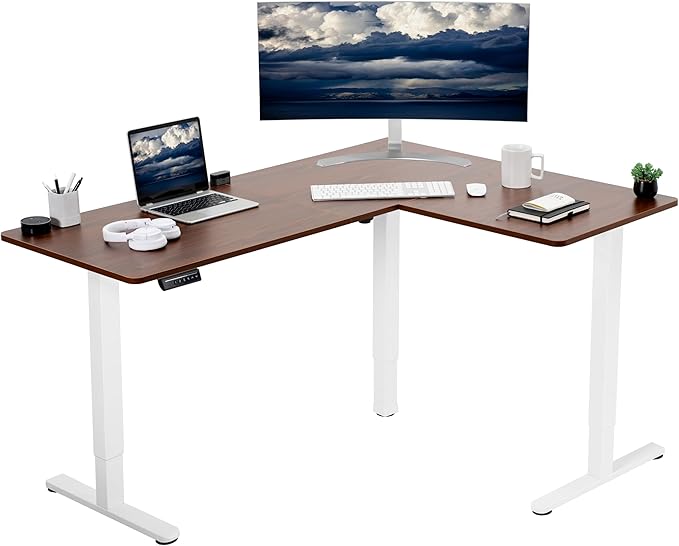 VIVO Electric Corner 63 x 47 inch L-Shaped Standing Desk, Memory Height Adjustment, Dark Walnut Top White Frame, DESK-E3CTWD-47