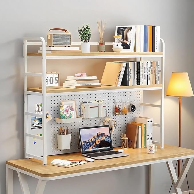 ZWCQSYS 2-Tier Desktop Bookshelf Hutch - Metal Desk Shelf Bookcase with Desk Pegboard Countertop Storage Organizer Rack for Dorm or Office (A, 110cm/43in)