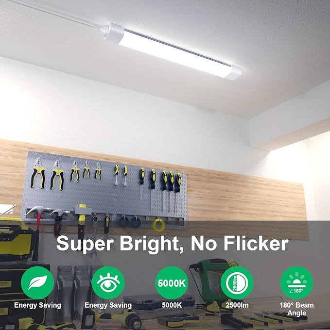 Modlicht Plug in Light Fixtures 2FT 2PCS Linkable 5000K LED Shop Light, Lightweight Under Cabinet Lighting for Kitchen, Bright Overhead Light for Garage Workbench Bedroom Bathroom, Triproof, 18W