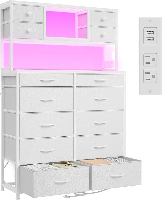 EnHomee 62.8" H Dresser for Bedroom with Multiple Fabric Drawers,White Dresser with Charging Station and LED Lights,Dressers & Chests of Drawers for Bedroom, Steel Frame & Wooden Top, Entryway
