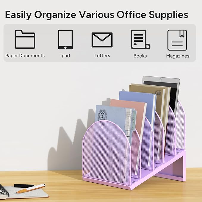 OUTIOE 5-Section Desk File Organizer, Metal Mesh Folder Organizer for Documents, Mail & Office Papers (Purple)