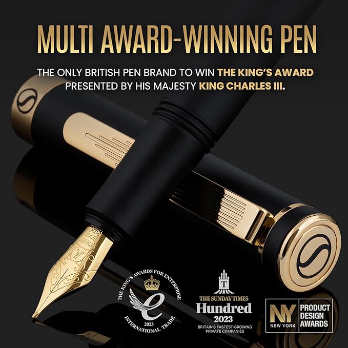 Scriveiner Luxury EDC Fountain Pen (Medium), Stunning Luxury Black Pocket Pen, Real Gold Plating, Schmidt Gilded Nib, Converter, Best Writing Gift Set for Men & Women, Nice Fancy Office Designer Pen
