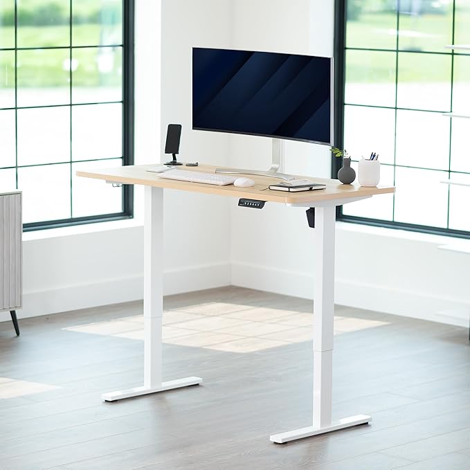 VIVO Electric 55 x 28 in Standing Desk, Memory Height Adjustment, 1B Series, Holds 220 lbs, One-Piece Light Wood Top, White Frame, DESK-KIT-1W55C