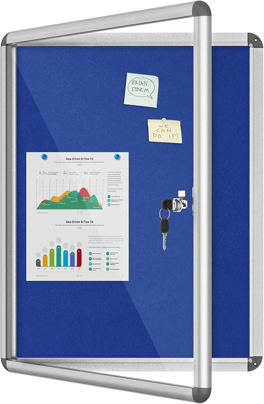 Mifuro 26"x20" Enclosed Bulletin Board, Lockable Weather-Resistant Aluminum Cork Noticeboard for School & Office, Silver Frame w/Blue Flet