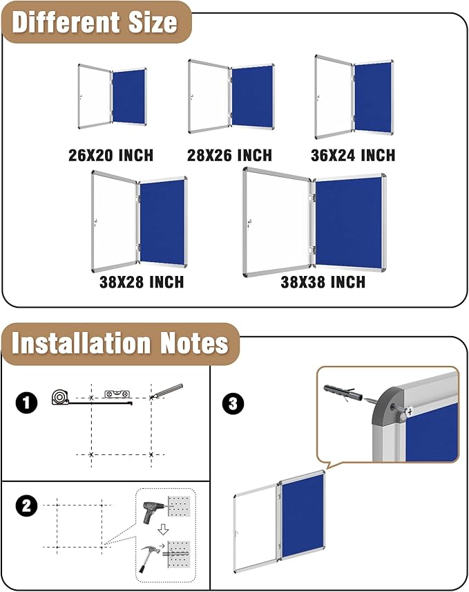 Mifuro 38"x38" Enclosed Bulletin Board, Lockable Weather-Resistant Aluminum Cork Noticeboard for School & Office, Silver Frame w/Blue Flet