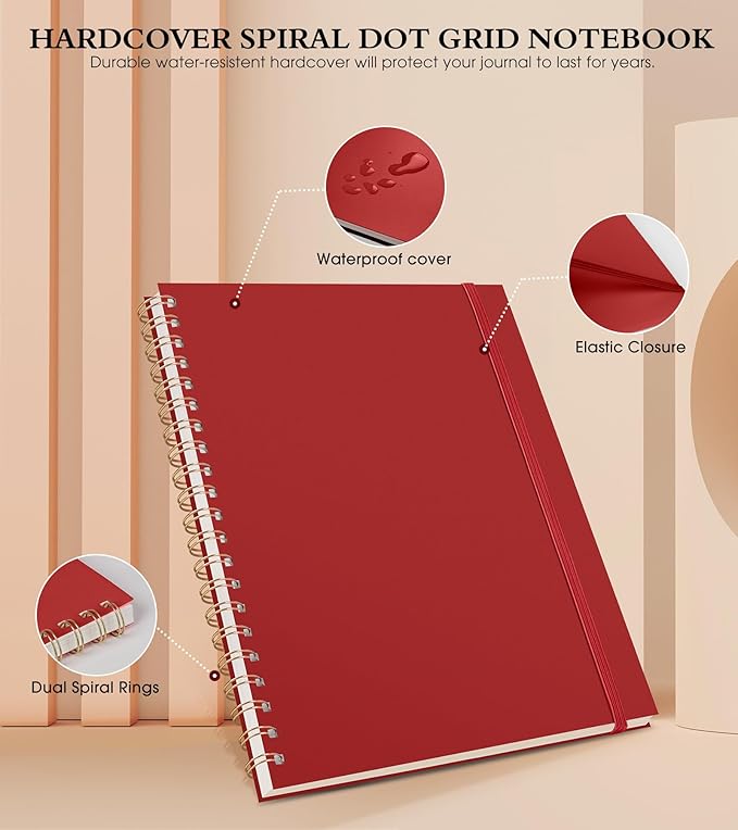 UEBZFOCS Dotted Notebook, Spiral Notebook Journal 8.5” x 11”, A4 Large Dot Grid Notebooks for Women Men, 100 GSM Dotted Paper, Plastic Hardcover Spiral Bullet Journals for Work School Sketching, Red