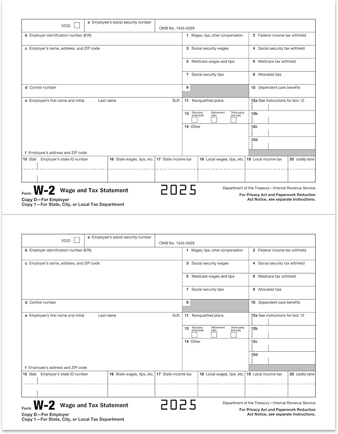 W2 Forms 2025, 6 Part Tax Forms, 25 Employee Kit of Laser Forms Designed for QuickBooks and Accounting Software