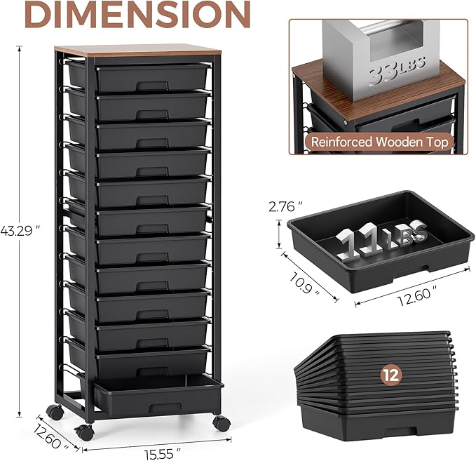 SYKIARIOL Rolling Cart with Drawers,12 Drawer Rolling Cart,Rolling storage cart with drawers,Black Rolling Drawer Cart,Teacher Rolling Cart for Classroom Storage,Craft Cart with Wooden Tabletop